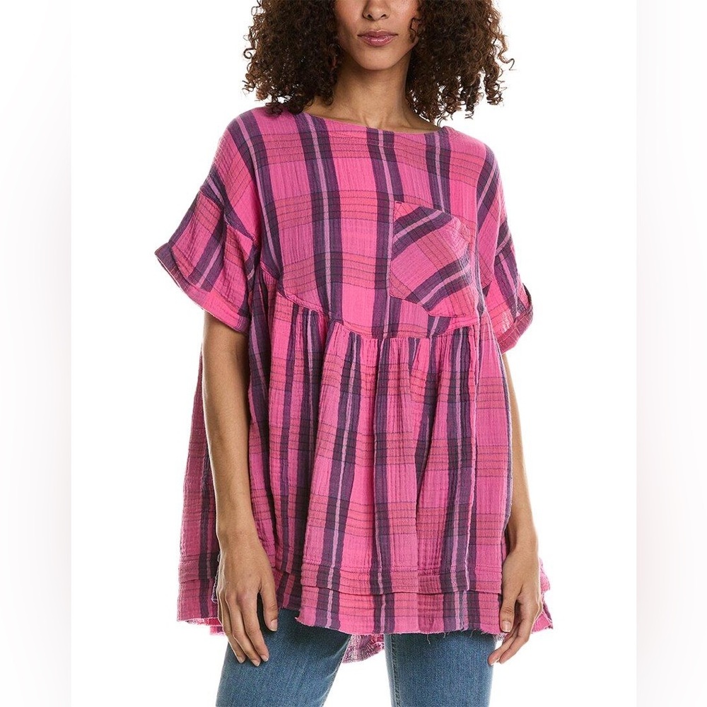 FREE PEOPLE Moon City Plaid Top in Pink